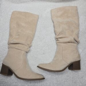 Athlefit Women's Chunky Heel Boots Faux Suede Pointed Toe Side Zipper S 5.5 Or 6